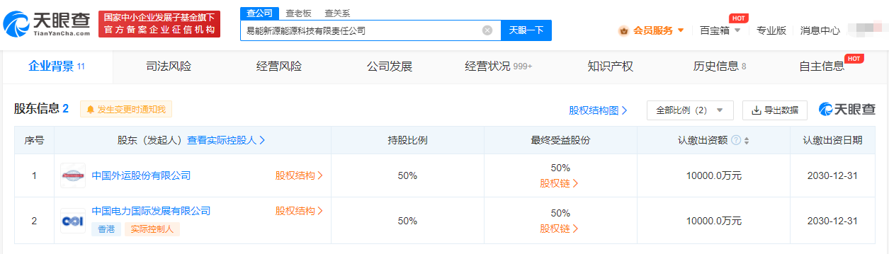 中国电力中国外运成立能源科技公司# 注册资本2亿