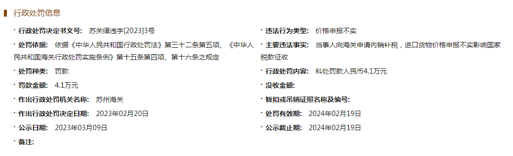 松下新能源因货物价格申报不实被罚