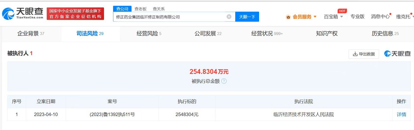 修正药业临沂公司被强执254万