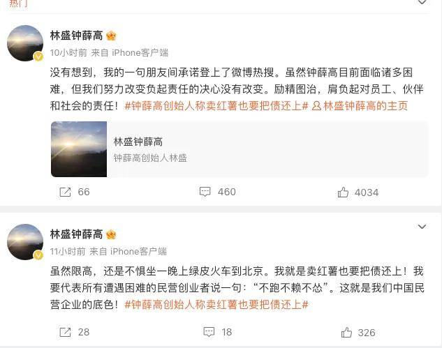 钟薛高创始人称卖红薯也把债还上：网友，您可千万别……