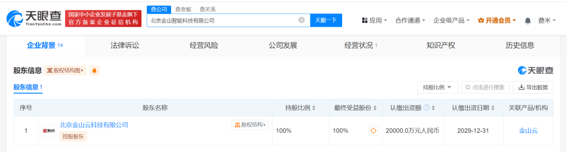 #金山云投资成立智能科技公司# 注册资本2亿
