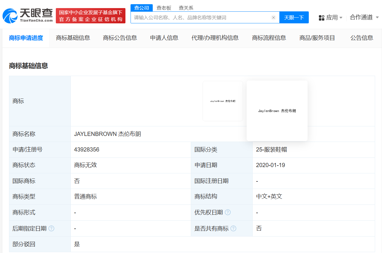 杰伦布朗商标曾遭抢注