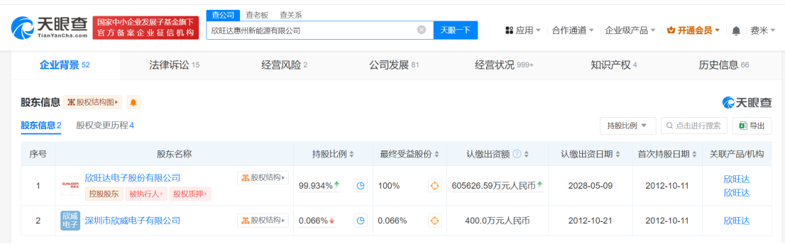 欣旺达惠州新能源公司增资至60.6亿