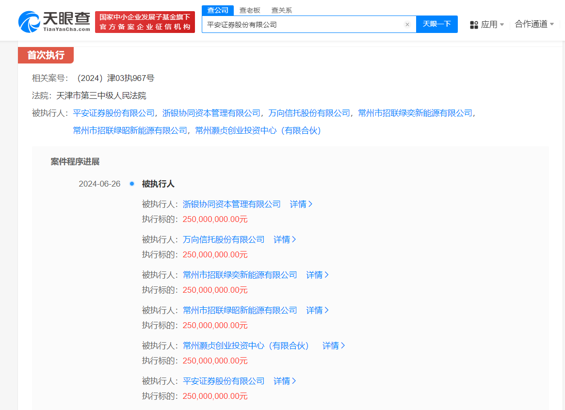 平安证券等被强制执行2.5亿