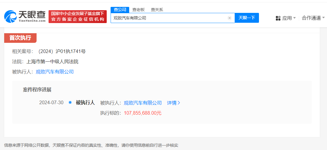 观致汽车被强制执行1.07亿