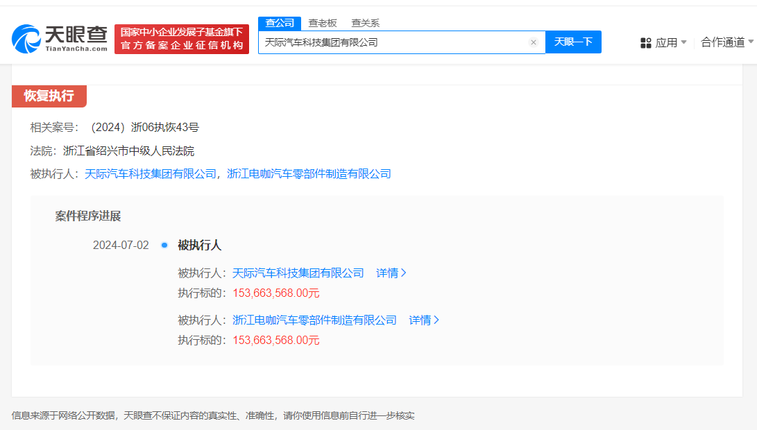 天际汽车被恢复执行1.5亿