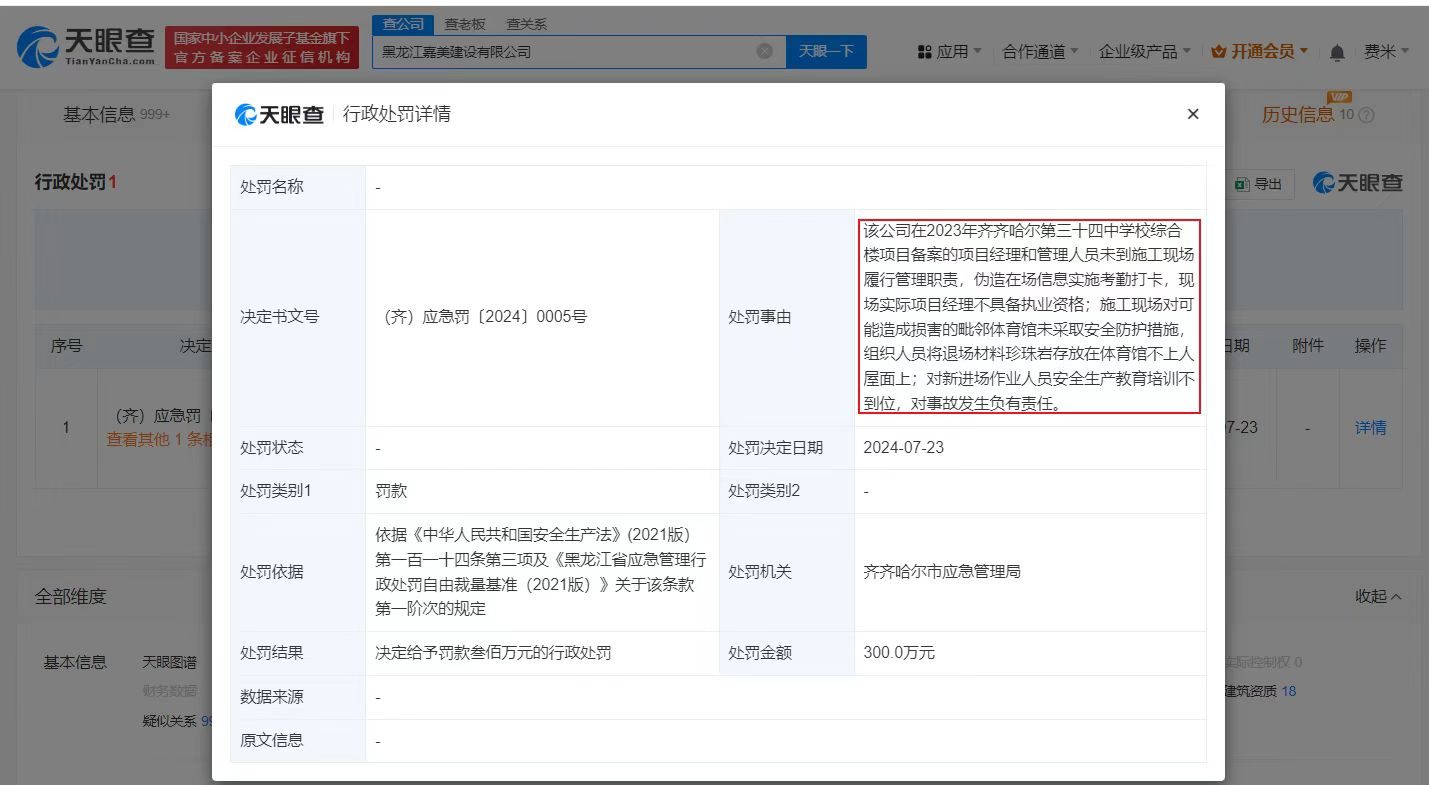 齐齐哈尔体育馆坍塌涉事方已被罚千万