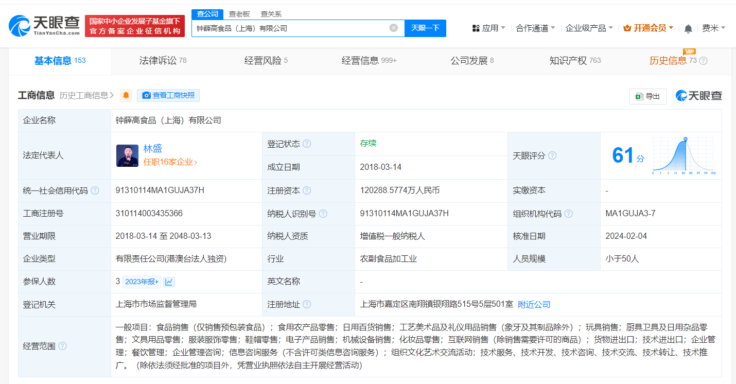 钟薛高及子公司被强执134万