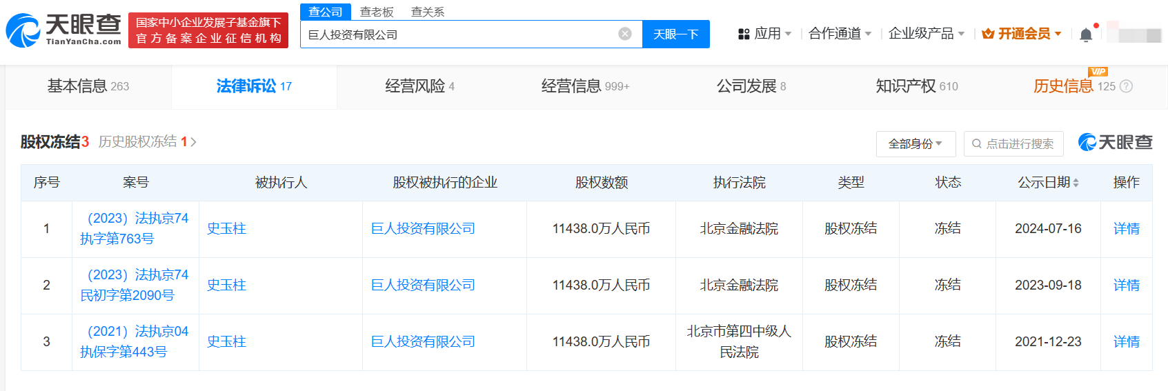 史玉柱所持1.14亿股权被续冻