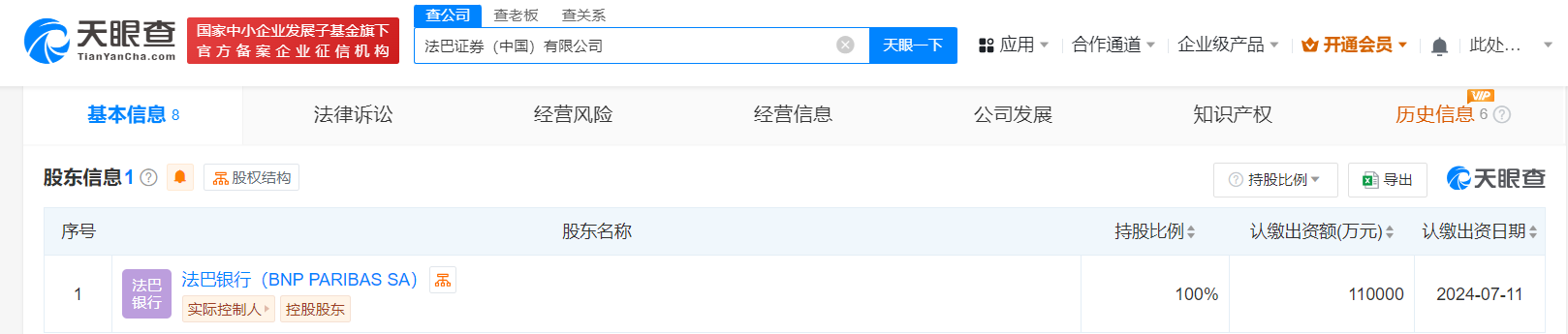 法巴证券中国公司登记成立# 注册资本11亿