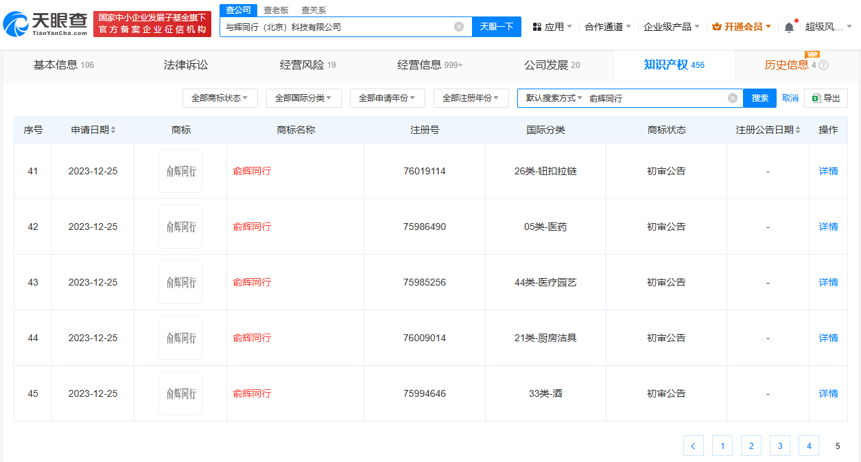 董宇辉公司已申请俞辉同行商标