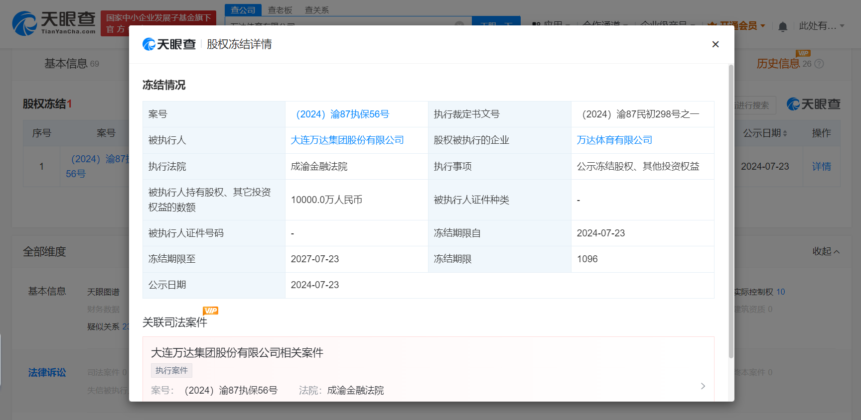 万达集团持万达体育1亿股权被冻结