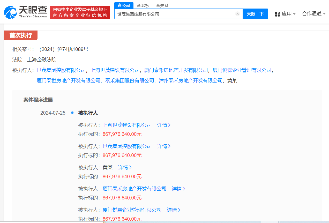 世茂集团等被强制执行26亿