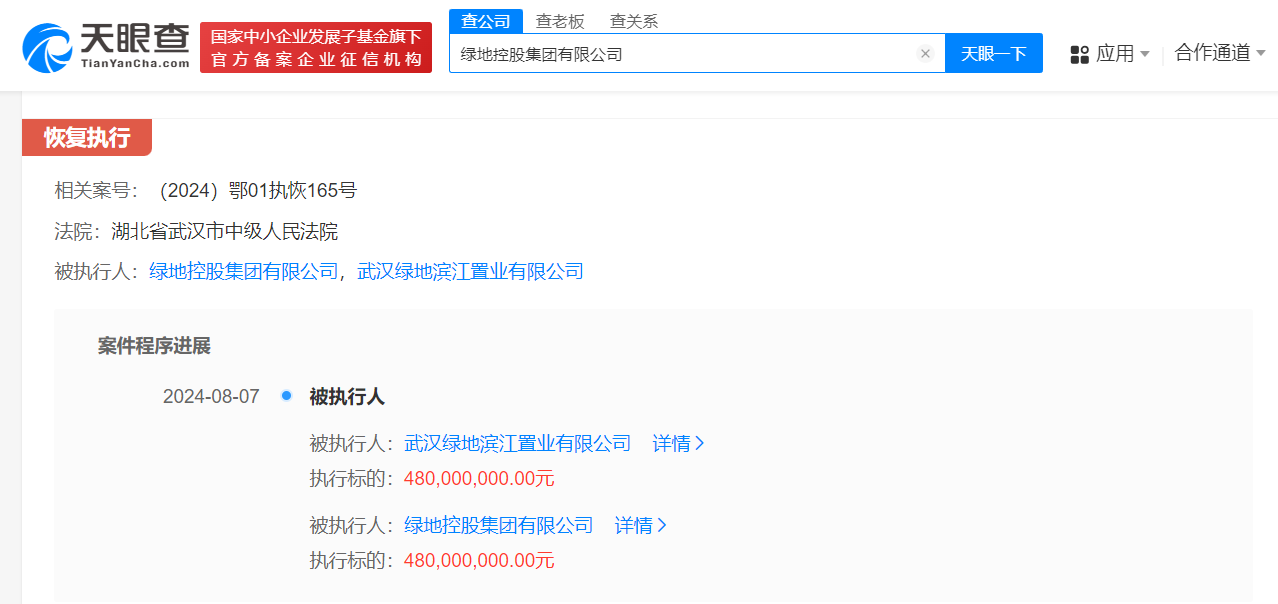 绿地控股集团被恢复执行4.8亿