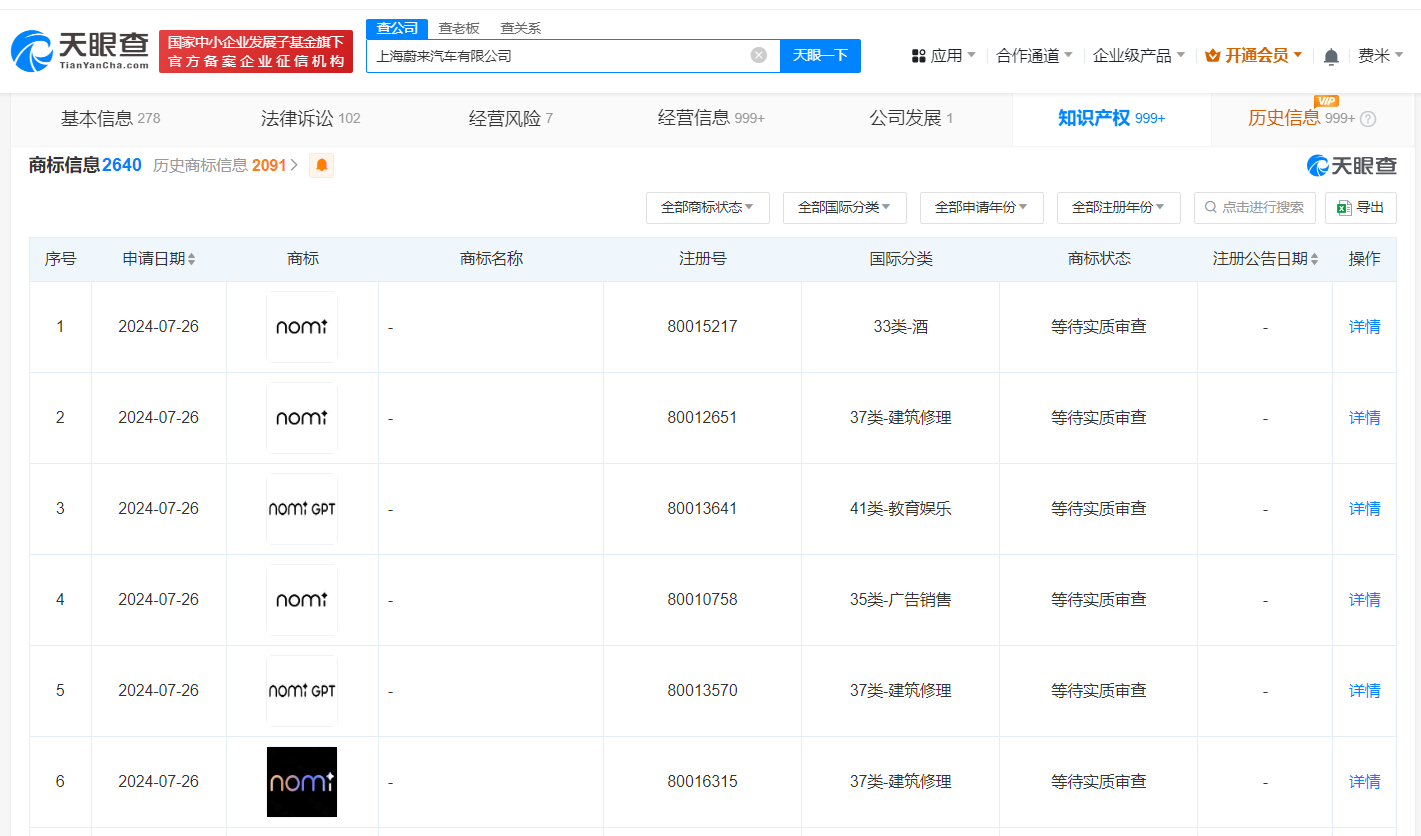 蔚来申请注册nomi GPT商标