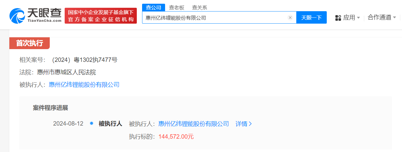 亿纬锂能因合同纠纷案件被执行14万