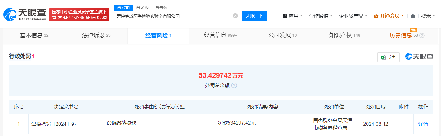 金域医学天津公司逃税被罚53万