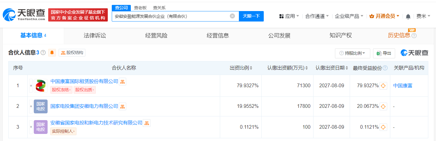 #中国康富国家电投在安徽成立合伙企业# 出资额8.9亿