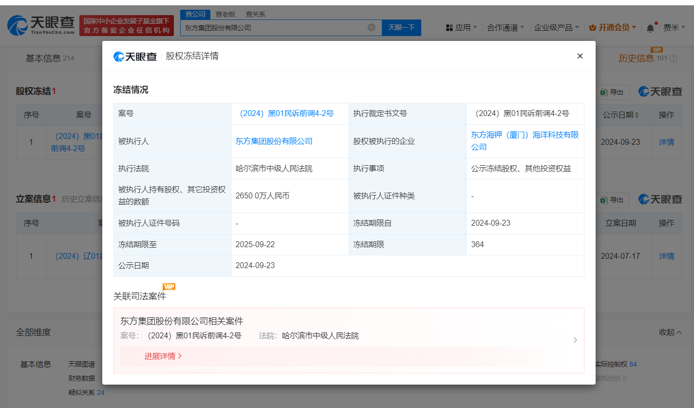 东方集团所持2650万股权被冻结