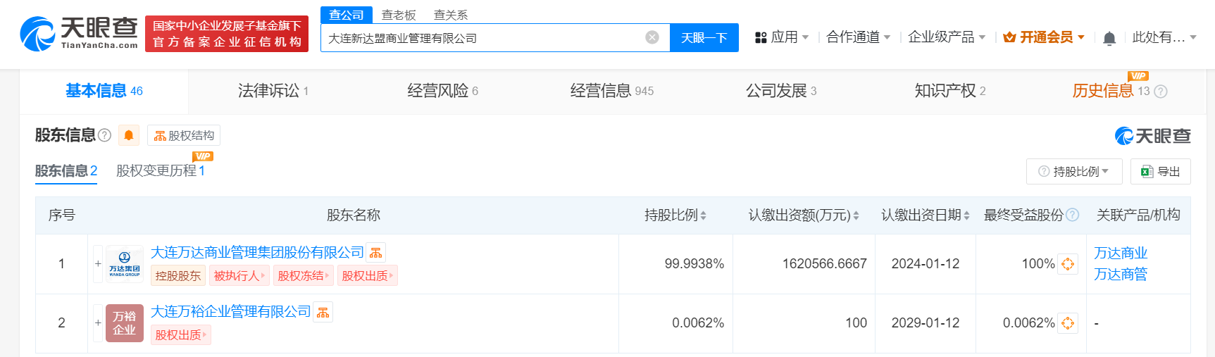 万达商管所持5.4亿股权被冻结