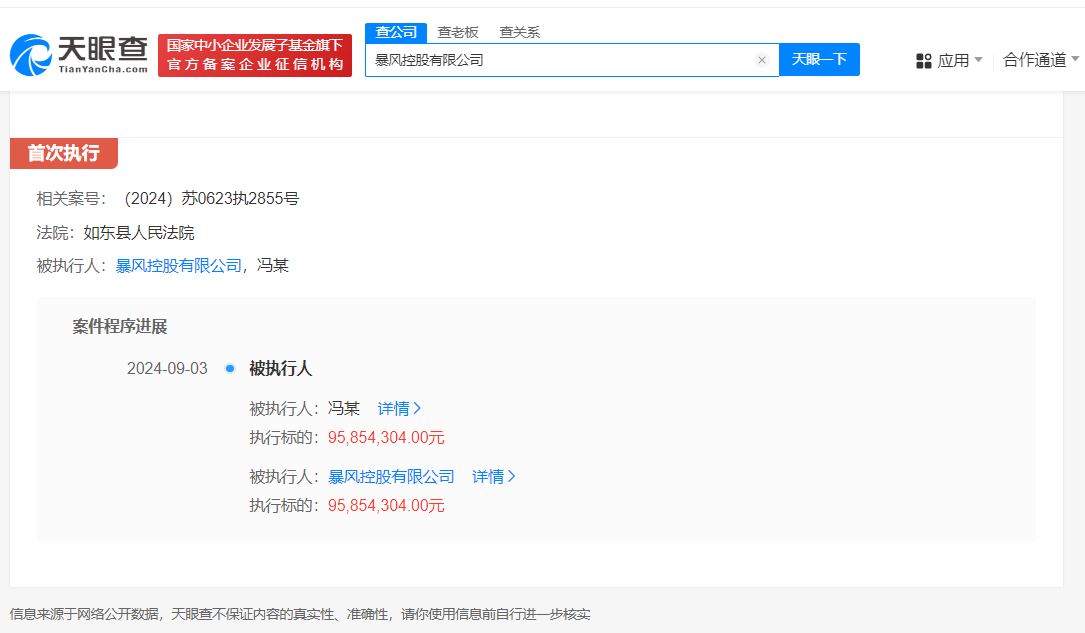 冯鑫及暴风控股被强制执行9585万