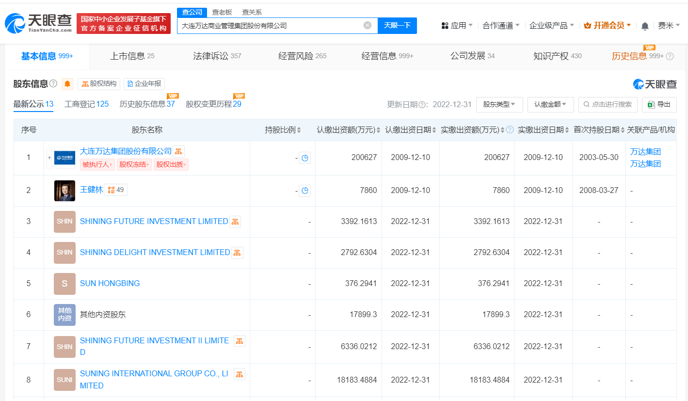 万达集团所持2.9亿股权被冻结