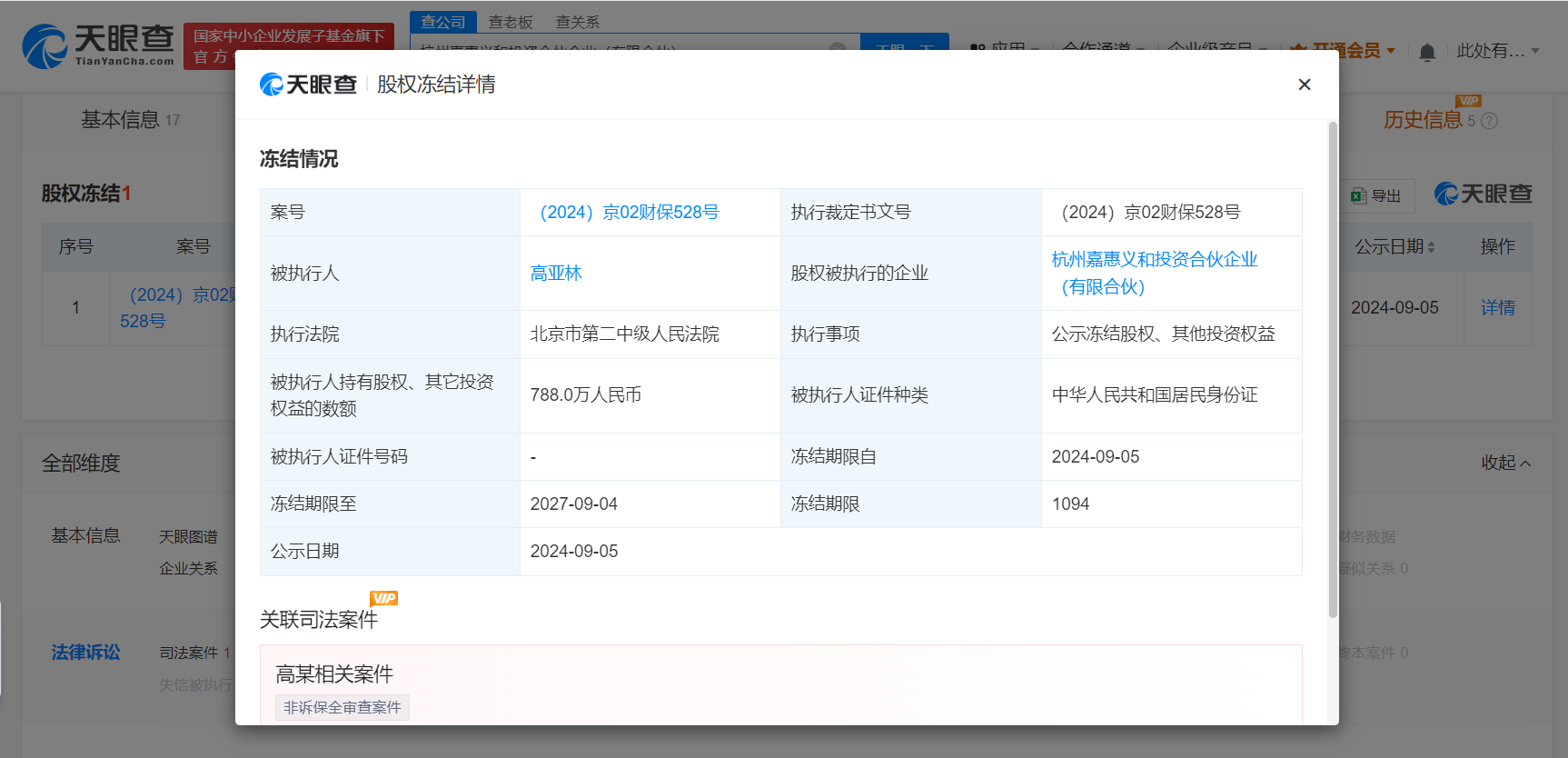 高亚麟被冻结788万股权