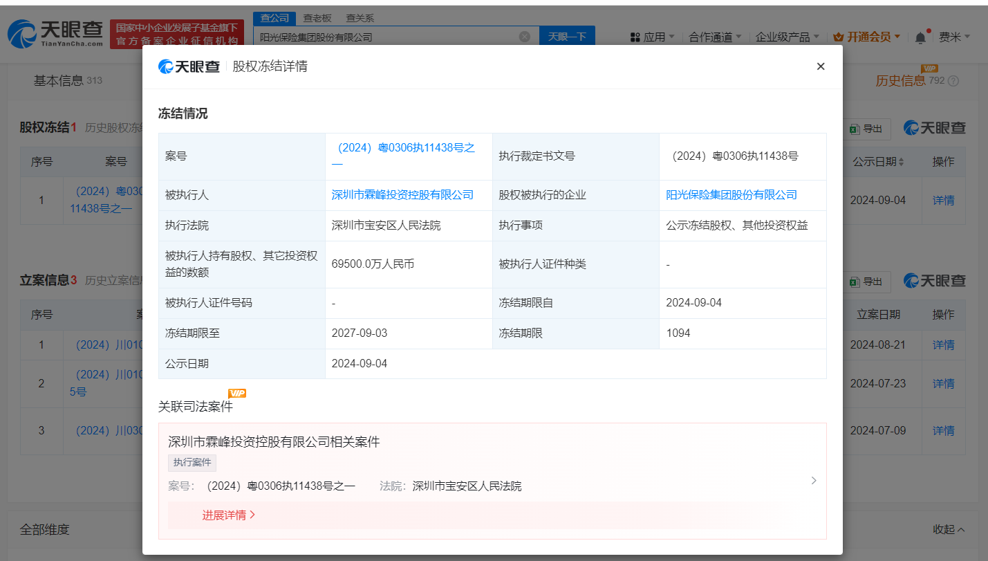 阳光保险6.95亿股权被冻结