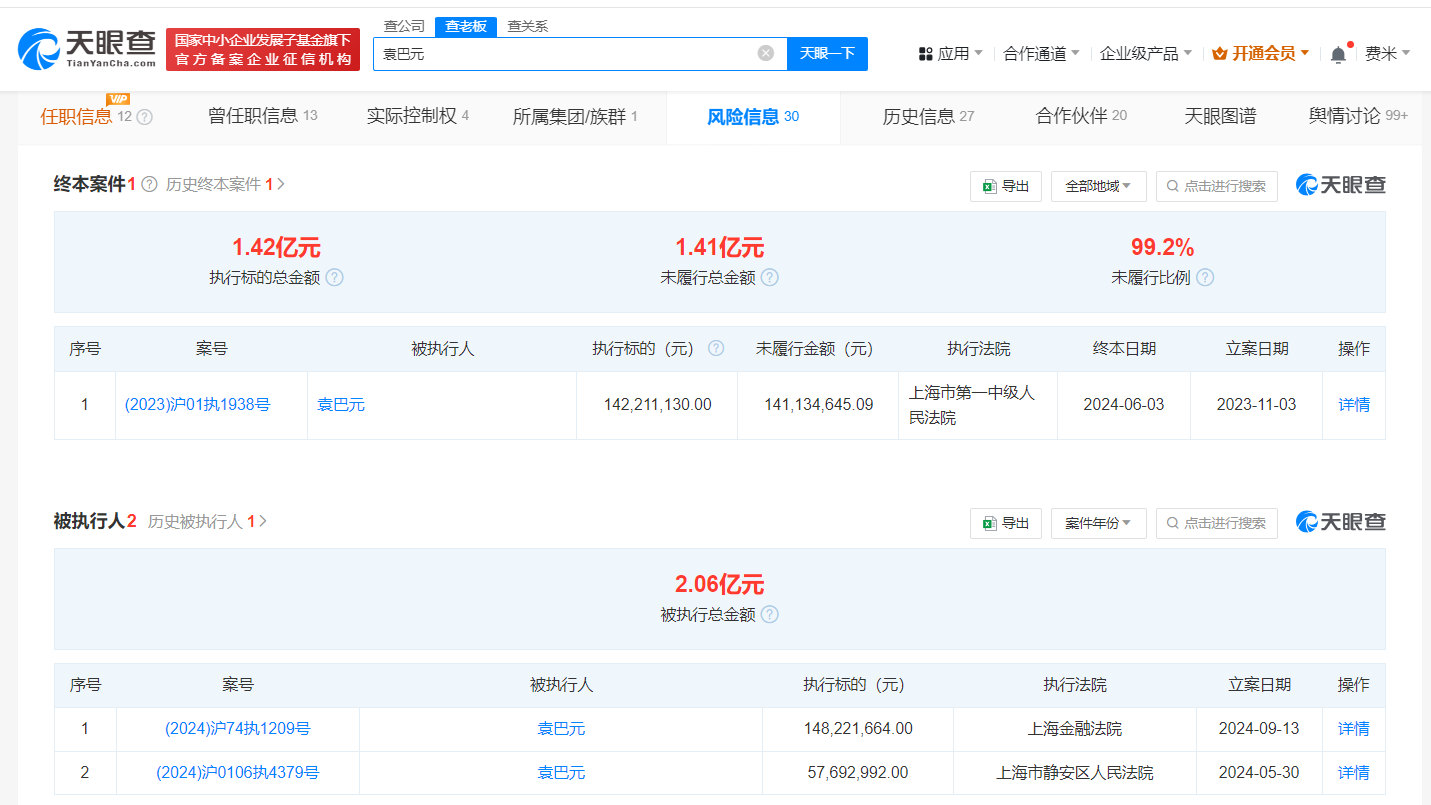 张雨绮前夫袁巴元被强执1.48亿