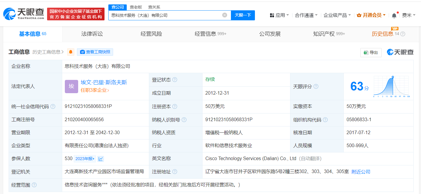 思科大连公司去年530人参保