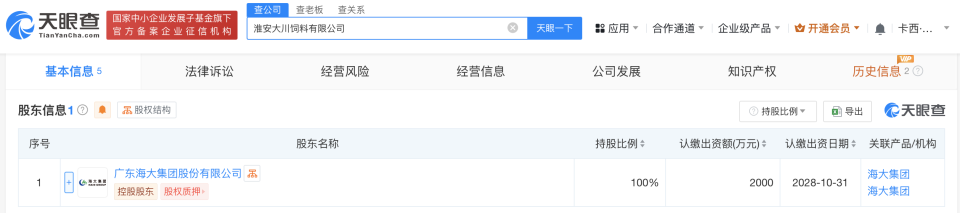 海大集团在淮安成立饲料公司#注册资本2000万