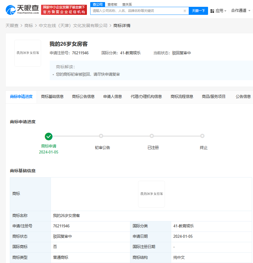 我的26岁女房客商标申请被驳回