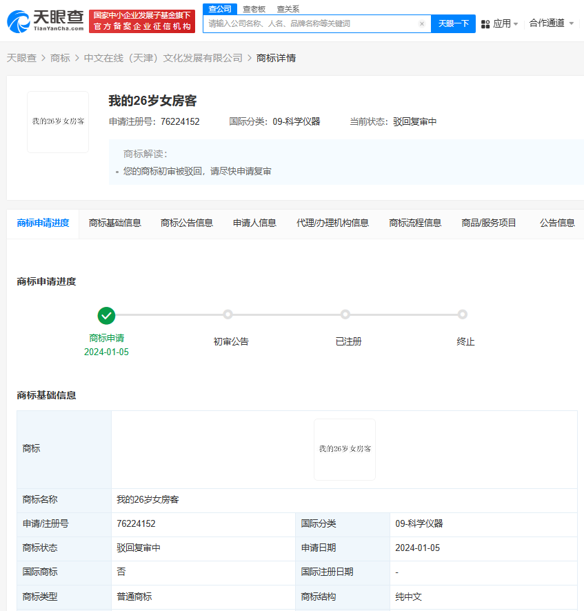 我的26岁女房客商标申请被驳回