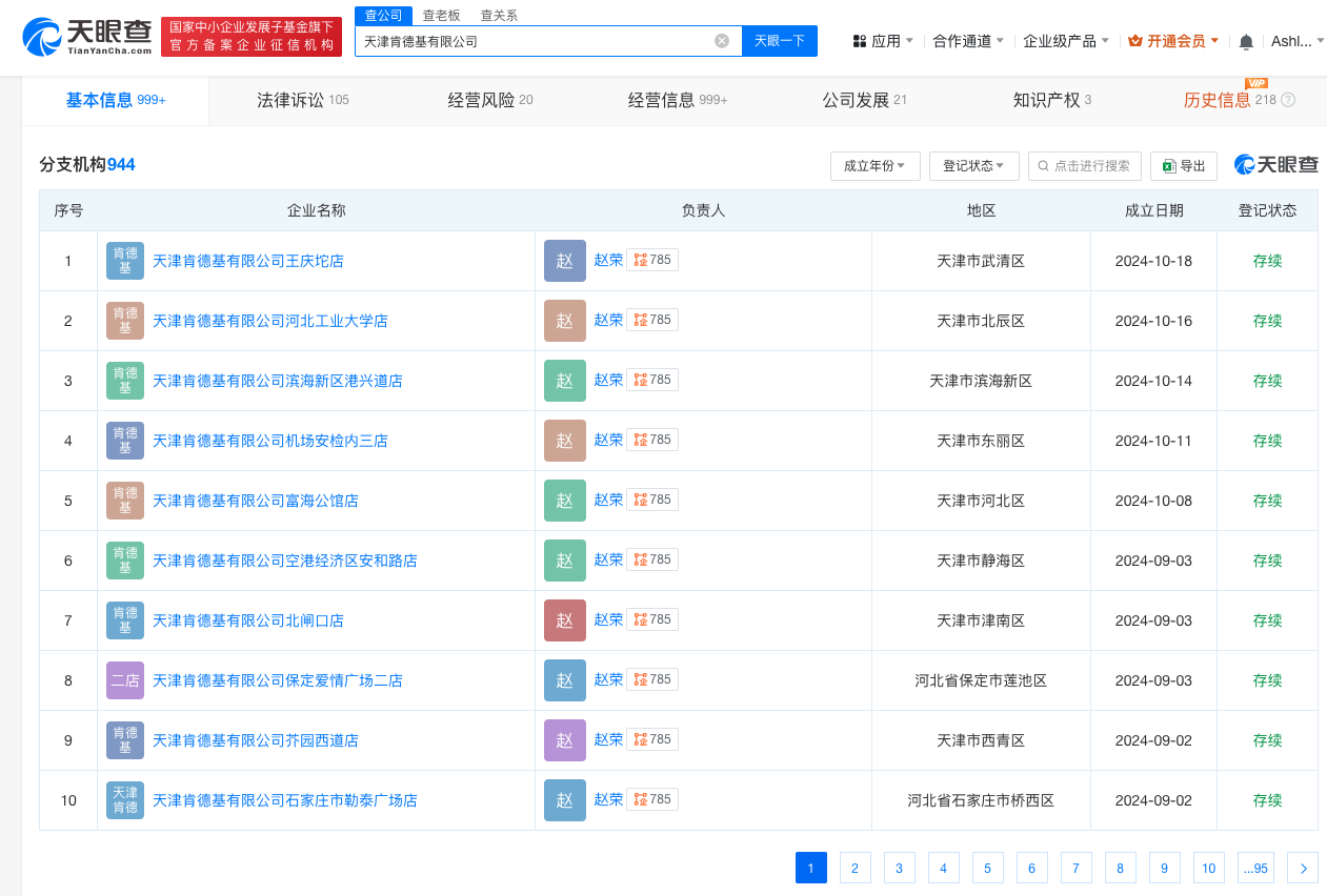 肯德基天津公司有940余家分支机构